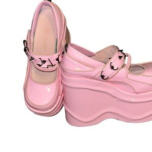DEMONIA Wave-48 Pink Punk 6" Wedge Platform Maryjane Strap Shoes size 7.5